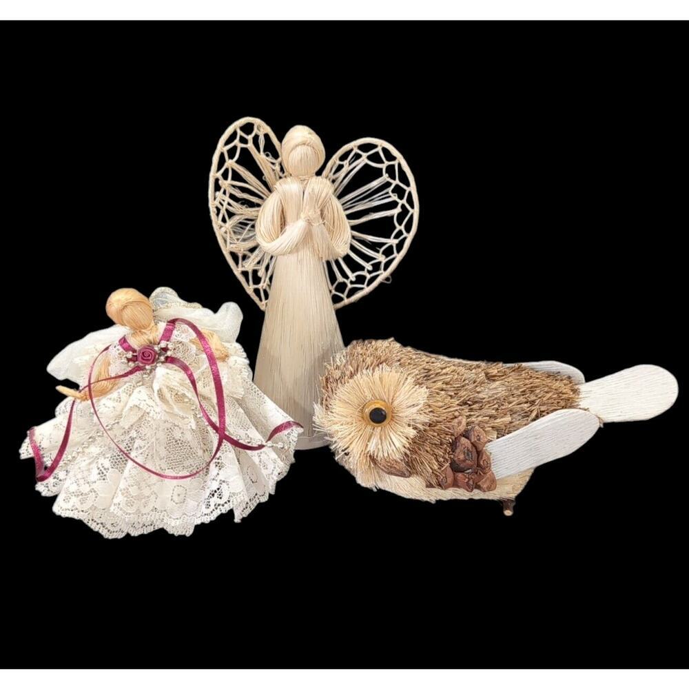 Christmas Ornaments Lot Of 3 Natural Straw‎ Bristle Brush Angel Doll Owl Light